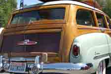 Photo of beautiful chrome Dynaflow badge on a 1951 Buick Super Estate Wagon's wood tailgate